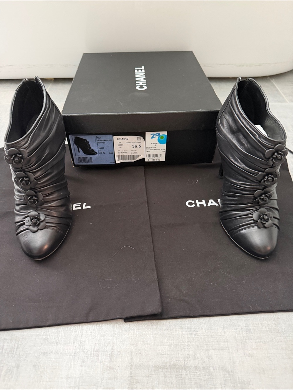 CHANEL Black Leather Floral Button Ankle Booties